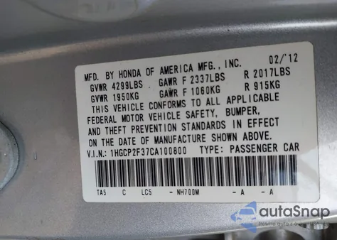 2012 Honda Accord 2.4 Lx from USA, damaged, VIN 1HGCP2F37CA100800